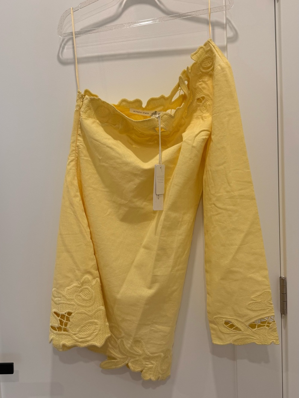Altar'd State One-Shoulder Yellow Eyelet Trim Dress
